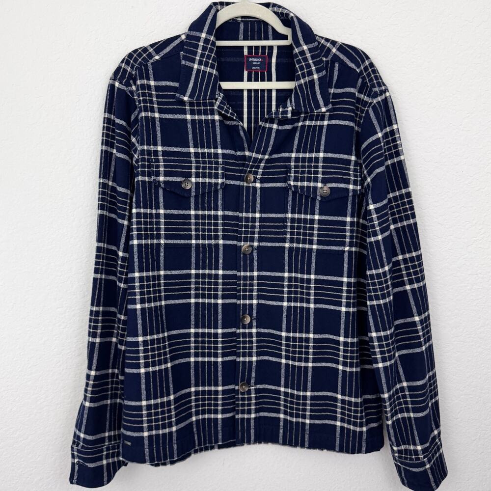 Untuckit Men Whitaker Long Sleeve Button Shirt Size M Cotton Plaid Reg Fit Navy
